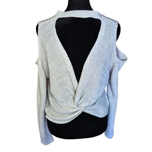 Open Back Twist Sweater Gray Cold Shoulder Knit Size Large